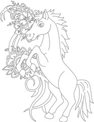 Horse and A Floral Vine Coloring Page. Printable Coloring Worksheet for Adults and Kids. Educational Resources for School and Preschool.