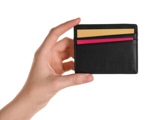 Woman holding leather business card holder with colorful cards on white background, closeup