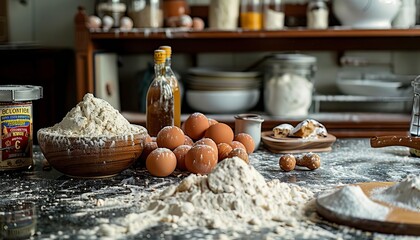A kitchen counter surface cluttered with ingredients for baking, flour dusting the granite