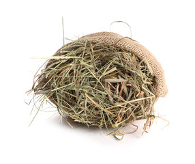 Obraz premium Dried hay in burlap sack isolated on white