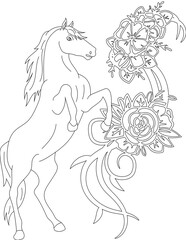 Horse and A Floral Vine Coloring Page. Printable Coloring Worksheet for Adults and Kids. Educational Resources for School and Preschool.