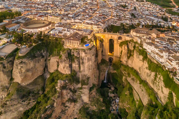 Aerial view of the Ronda medieval town at night, Andalusia, Spain