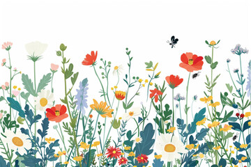 Vector seamless horizontal banner of blossom spring flowers. Wildflowers and insects isolated on white background. Vector 