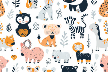 Vector seamless pattern of animals in cute playful geometric  . Baby kids pastel pattern design. set vector icon, white background, black colour icon