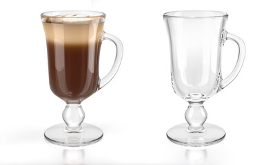 Set of glass irish coffee mugs. One transparent empty glass with handle and one glass with latte. 3d illustration on white background