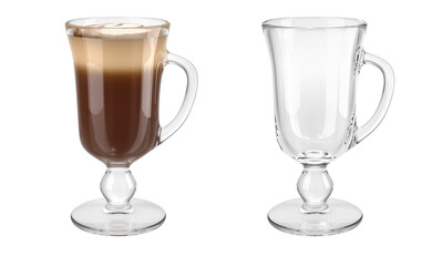 Set of glass irish coffee mugs. One transparent empty glass with handle and one glass with latte. 3d illustration isolated on white