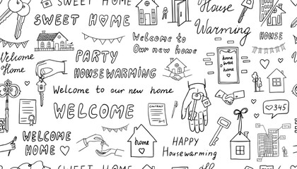 Seamless pattern of housewarming in doodle style. Home sweet home, welcome home, new home, happy house warming, house keys, deal. Good for banner, posters, cards, professional design. Hand drawn