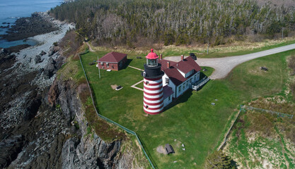Aerial Drone image of the West Quoddu Lighthouse on the Gulf of Maine