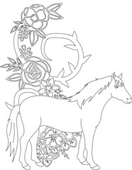 Horse and A Floral Vine Coloring Page. Printable Coloring Worksheet for Adults and Kids. Educational Resources for School and Preschool.