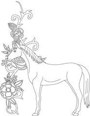 Horse and A Floral Vine Coloring Page. Printable Coloring Worksheet for Adults and Kids. Educational Resources for School and Preschool.