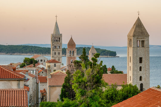 HIstoric towers of a Rab town on Rab island at sunrise, Croatia.