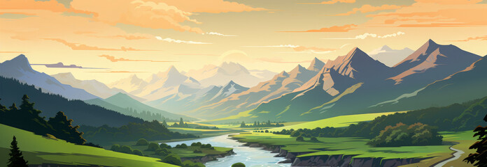Realistic vector image of the mountain landscape and a river across the green fields.