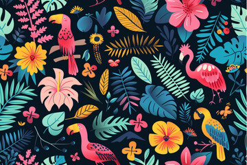 Vector seamless tropical pattern with rainforest  jungle animals, leaves and flowers on dark background. Bright flat surface pattern design. set vector icon