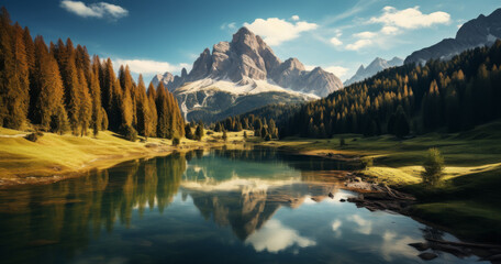 Aerial view of Lago Antorno, Dolomites, Lake mountain landscape with Alps peak , Misurina, Cortina d'Ampezzo, Italy