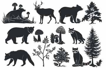  forest animals, trees, bushes, mushrooms and berries izolated on white background. Vector clipart