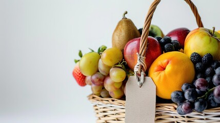 A wicker basket filled with an assortment of fresh fruits. There is a blank tag that can be used for a custom message. The basket is sitting on a white background.