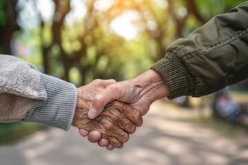 A touching shot of elderly hands clasped together in a park setting, symbolizing support and companionship