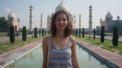woman posing in front of the Taj Mahal