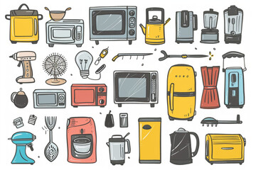 Vector set with hand drawn isolated colored doodles of home appliances on white color. set vector icon, white background, black colour icon