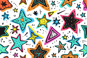 Vivid playful seamless pattern of hand drawn various colorful funny stars and sparks shapes. Cute cartoon childish texture, wrapping paper, textile design. set vector icon