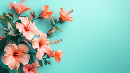 Tropical flowers on blue background