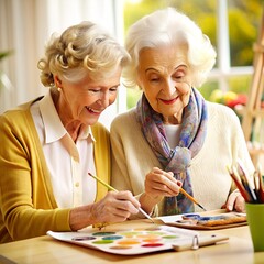 Two old women's are painting together, making art and happy time