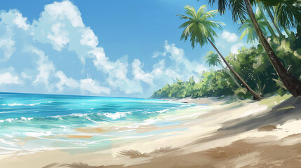 Designation of a background featuring a tropical beach where golden sands meet the crystal-clear blue waves, with tall palm trees swaying gently in the breeze, evoking a sense of relaxation