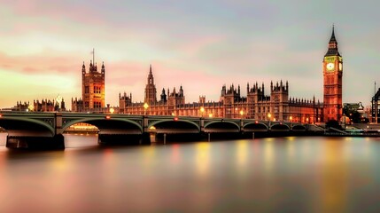 Big Ben and Houses of Parliament in London at dusk --ar 16:9 --style raw Job ID: 5db5b581-7d48-4956-a5fb-75846b2c2803