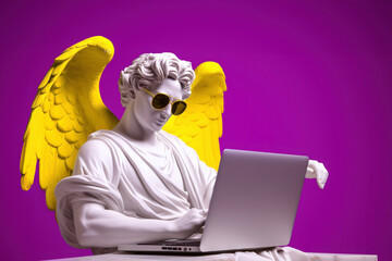 Angel statue with laptop and sunglasses, purple and yellow fusion, modern twist on classical art