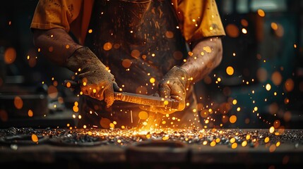 A blacksmith forging metal in a traditional workshop, sparks and detailed craftsmanship, promoting traditional skills and history