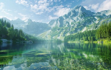 Pristine mountain lake with reflections and surrounding pine forests.