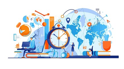 A modern and creative illustration of a person sitting on a stack of books, working on a laptop, with a clock, globe, and other elements