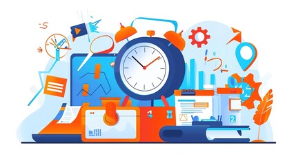 A clock is ticking. A briefcase is sitting on a desk next to an open laptop. There are papers and books on the desk. A person is working on the laptop.