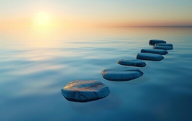 Fototapeta na wymiar Smooth stones on calm water at sunset, creating a serene path.