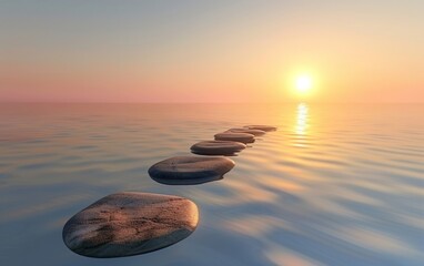 Smooth stones on calm water at sunset, creating a serene path.