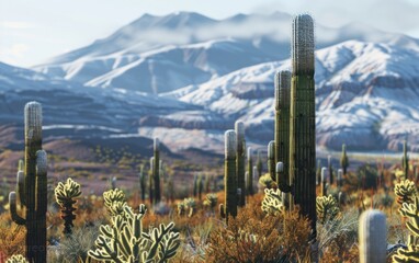 Snow-dusted mountains tower behind a desert with towering cacti.