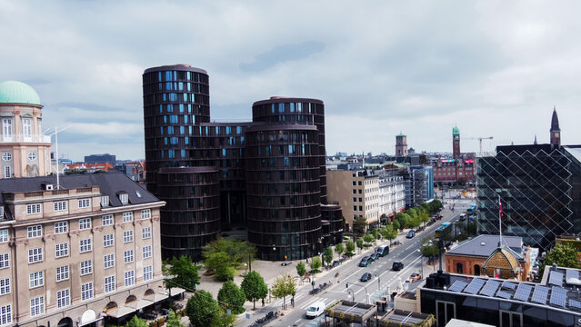 Panorama of  Copenhagen  with modern building anf right towerin distance of Town hall