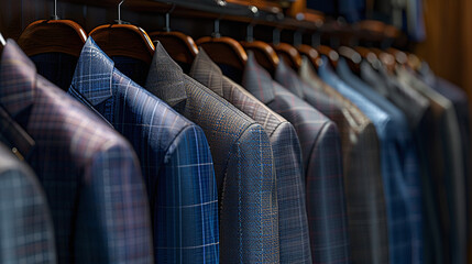 close-up photography of men's plain navy and grey suits, hanging in a closet