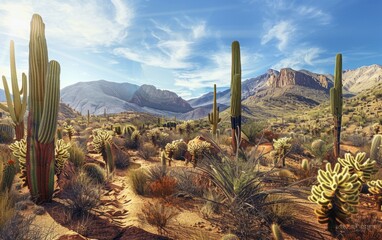 Sunny desert landscape dotted with tall cacti and rugged mountains under a blue sky.
