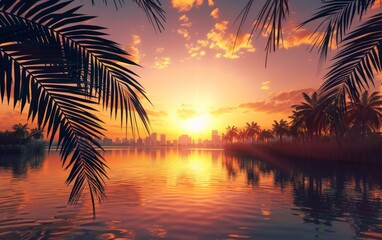 Sunset view over a lake with palm trees and city skyline.