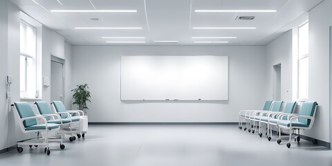 "Modern Hospital Waiting Room: Empty Poster Mockup, Comfortable Chairs, and Medical Equipment for Healthcare Design Projects"