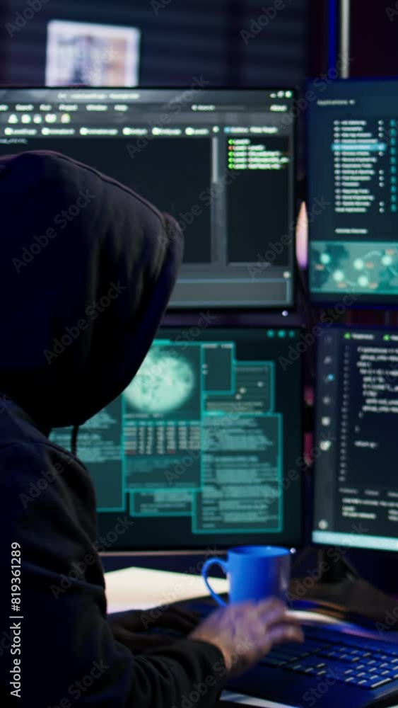 Poster vertical video hacker using pc to steal data, targeting unpatched security systems using malware. sc