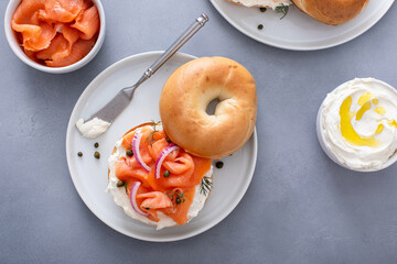 Smoked salmon bagel breakfast setup