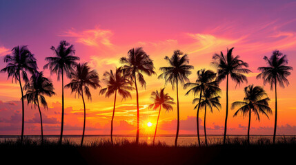 tropical sunset on en beach with palms