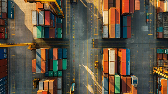 A high-angle view of a container yard with stacked containers and cranes, highlighting logistics in cargo transport.