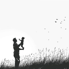 black and white illustration of a father holding his child in the middle of the grass with copy space, design for a family themed banner poster card