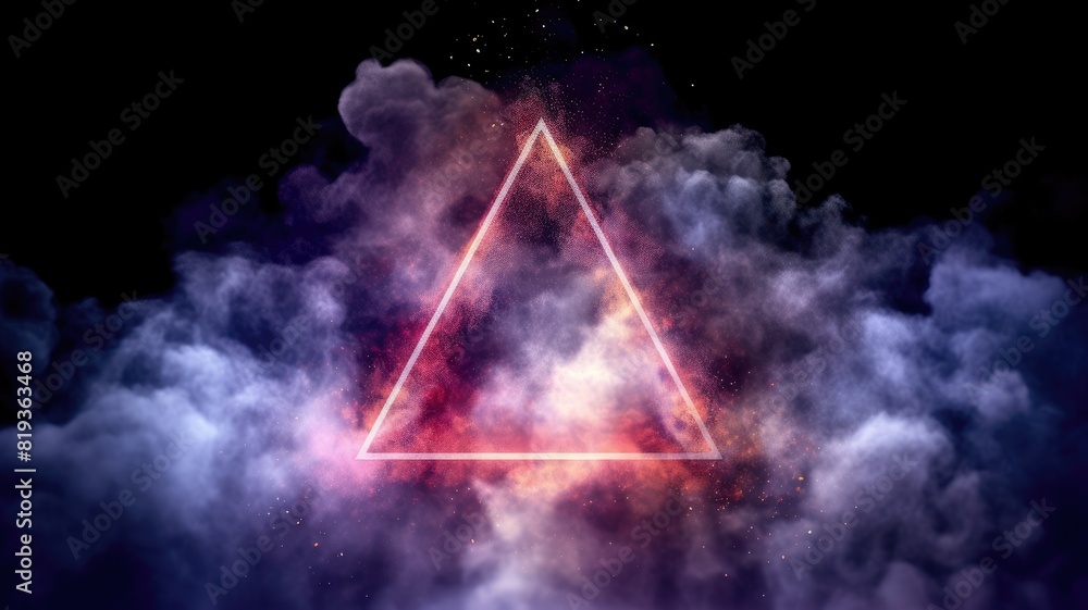 Poster a triangle portal with clouds and cosmic backdrop. surreal digital art concept for mystery, fantasy,