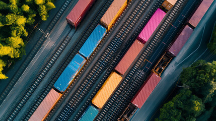 An overhead shot of a freight train carrying containers, with neural network predictions on delivery times.