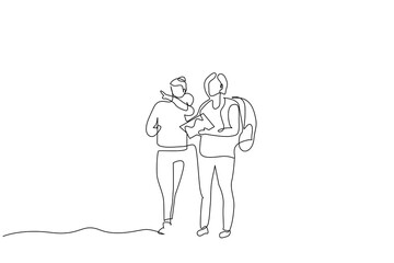 people women nature walking trekking hike full body length lifestyle one line art design vector