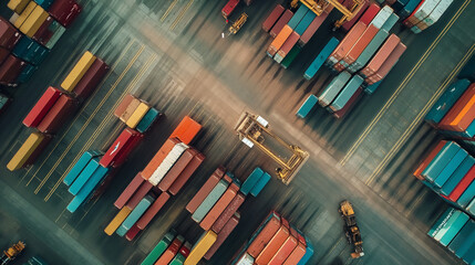 Obraz premium An aerial view of a container warehouse with workers organizing containers, emphasizing logistics.
